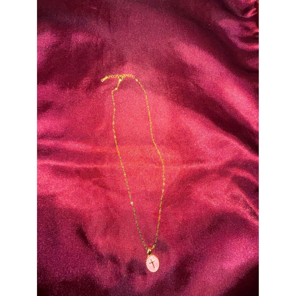 Gold Tone Pink Oval Cross Pendant Necklace Religious Jewelry‎ Adjustable Chain